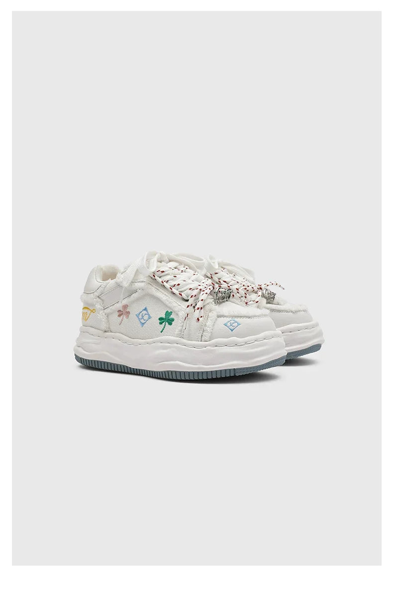 Distressed Embroidered Platform Sneakers - Skipkicks
