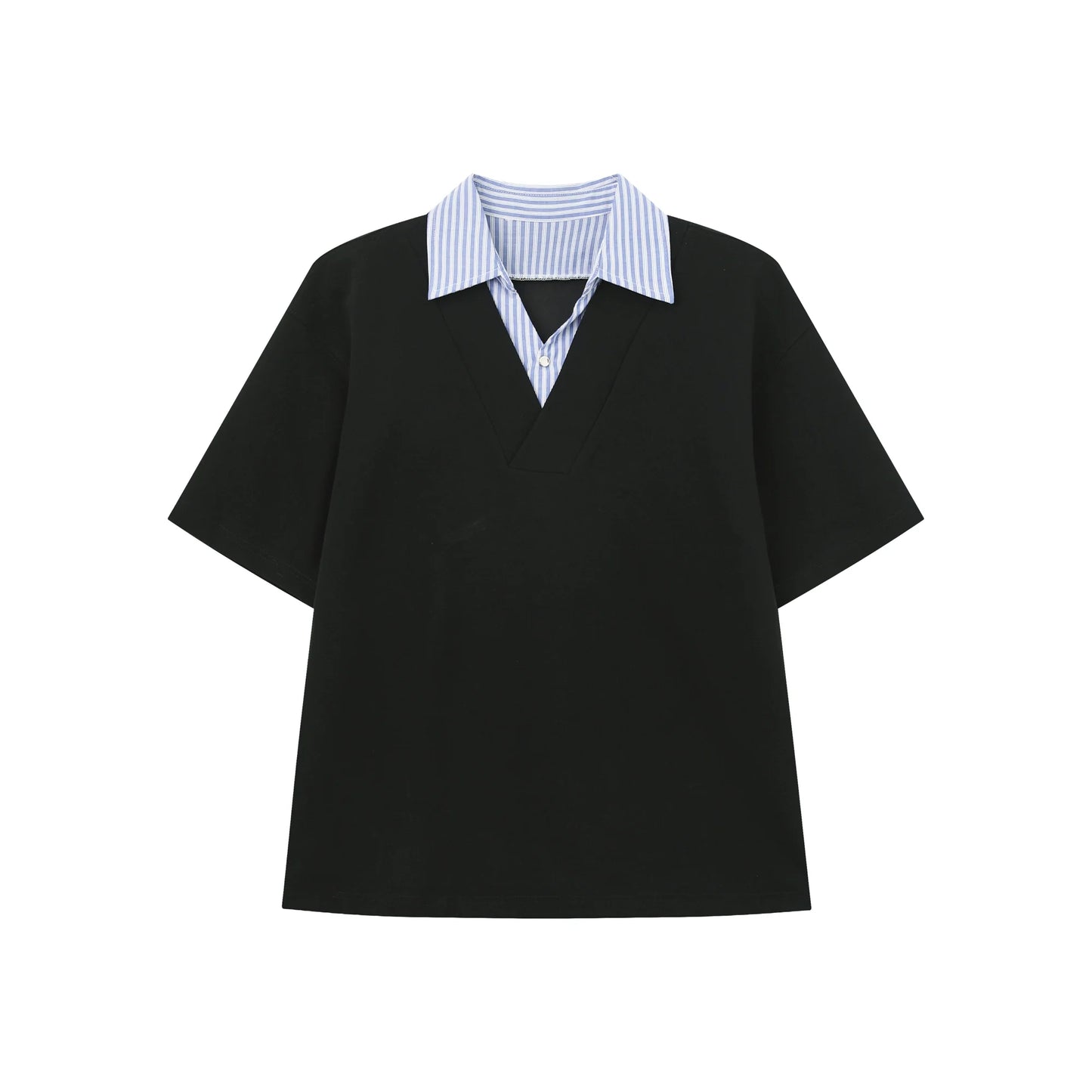 T-shirt with Faux Layered Blue Striped Shirt Collar and Placket