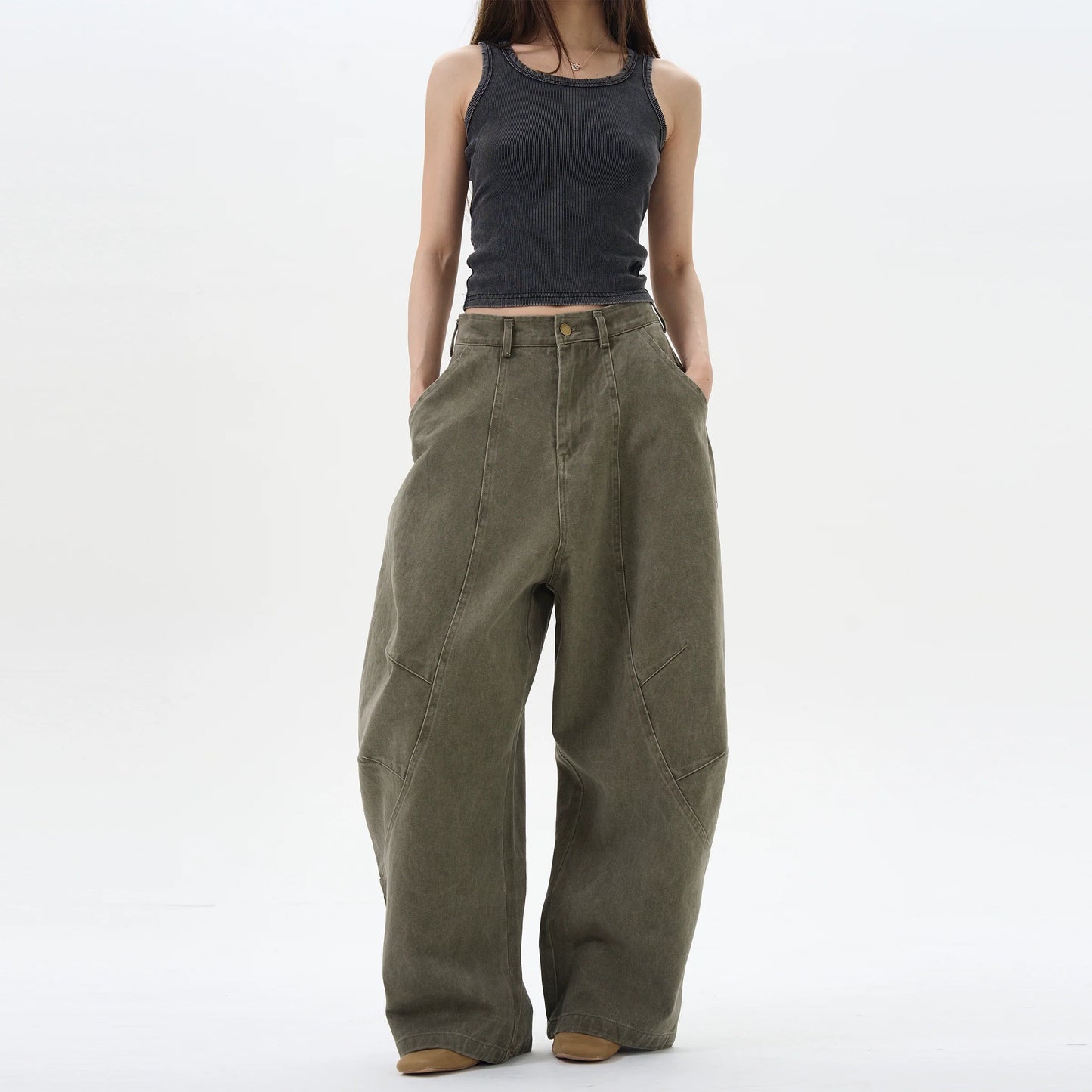 Olive Wide-Leg Cargo Chain Pants