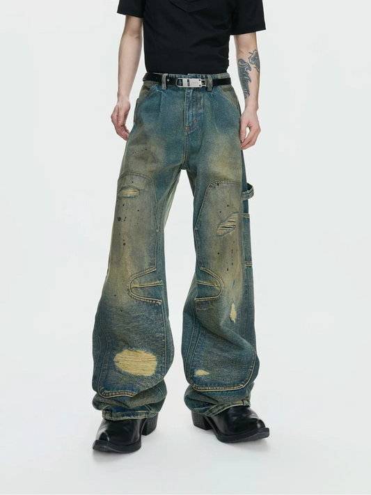 Distressed Panel Wide Leg Cargo Jeans