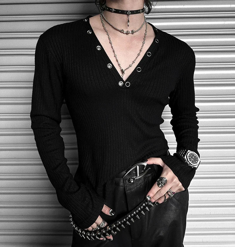Midnight Rivet Deep V Henley