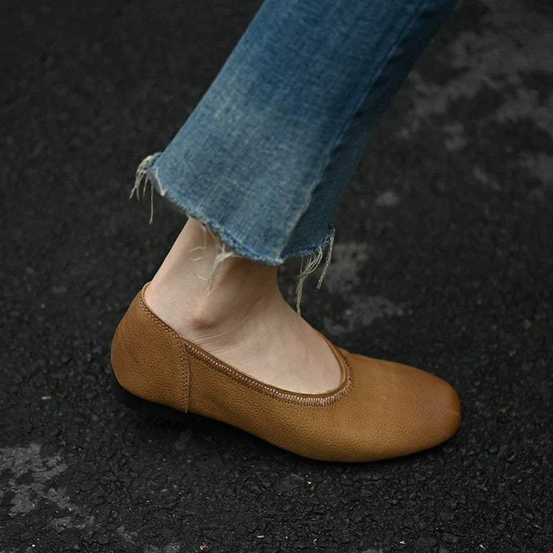 Brown Textured Leather Ballet Flat - Skipkicks
