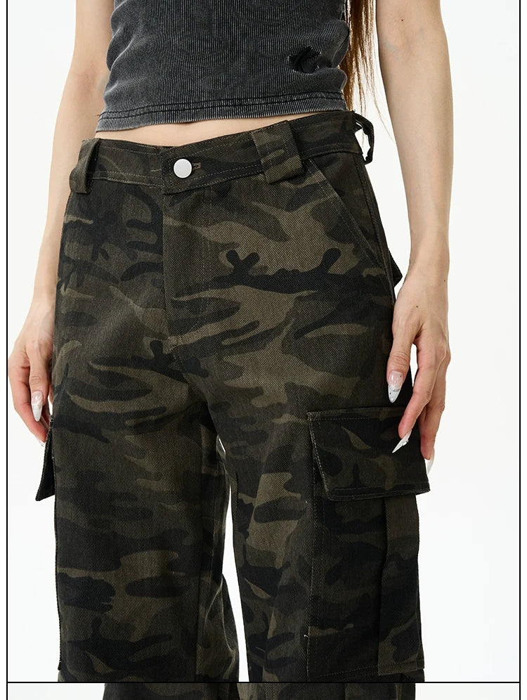 Camo Print Wide-Leg Multi-Pocket Cargo Pants
