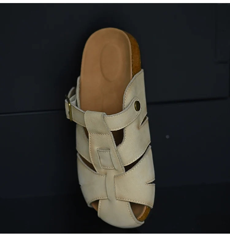 Beige Leather Buckle Strap Sandals