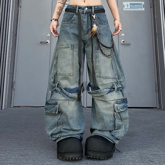 Men's Multi-Pocket Washed Curved Wide-Leg Cargo Jeans