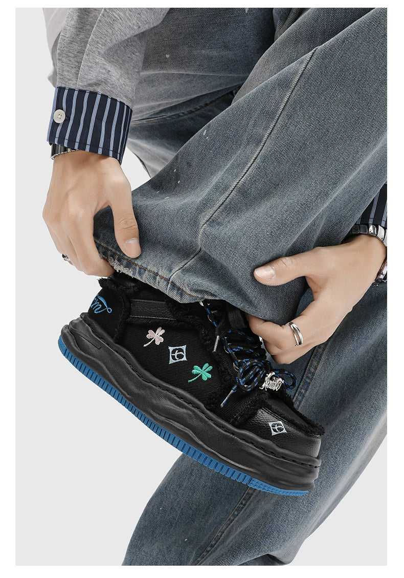 Distressed Embroidered Platform Sneakers - Skipkicks