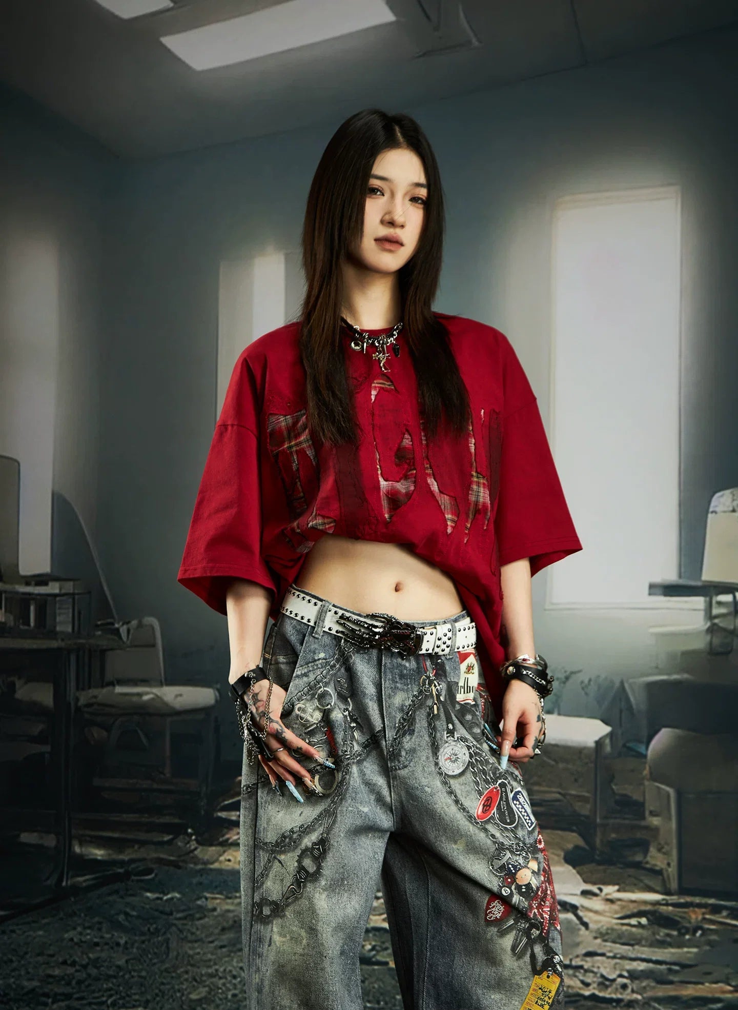 Bleached Shred Plaid Slash Tee