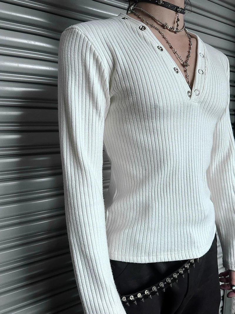 Midnight Rivet Deep V Henley