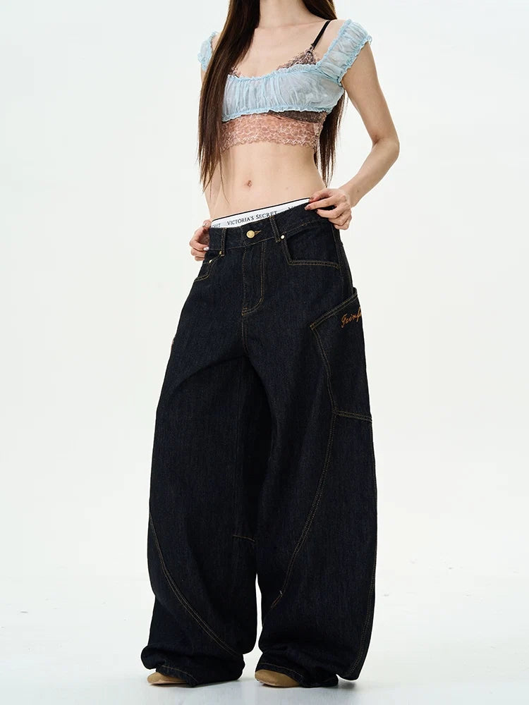 Plaid-Patch Wide-Leg Denim Cargo Pants