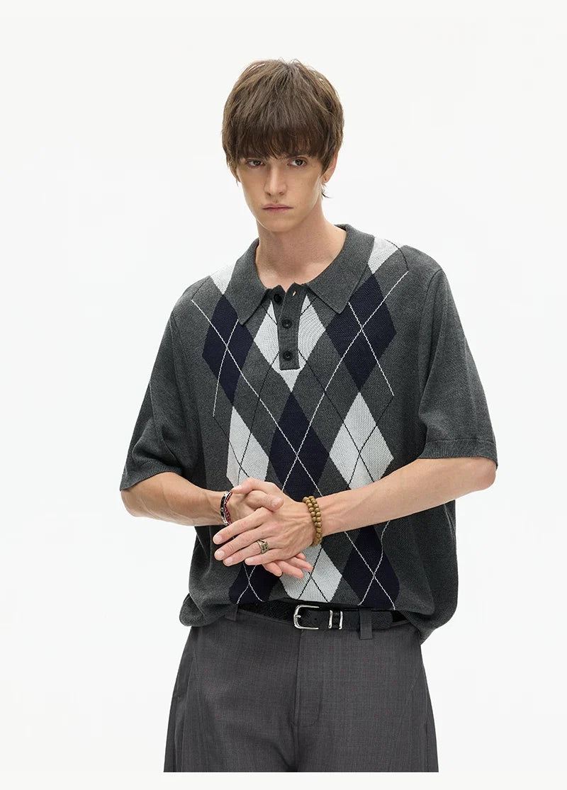 Midnight Argyle Knit Polo Tee