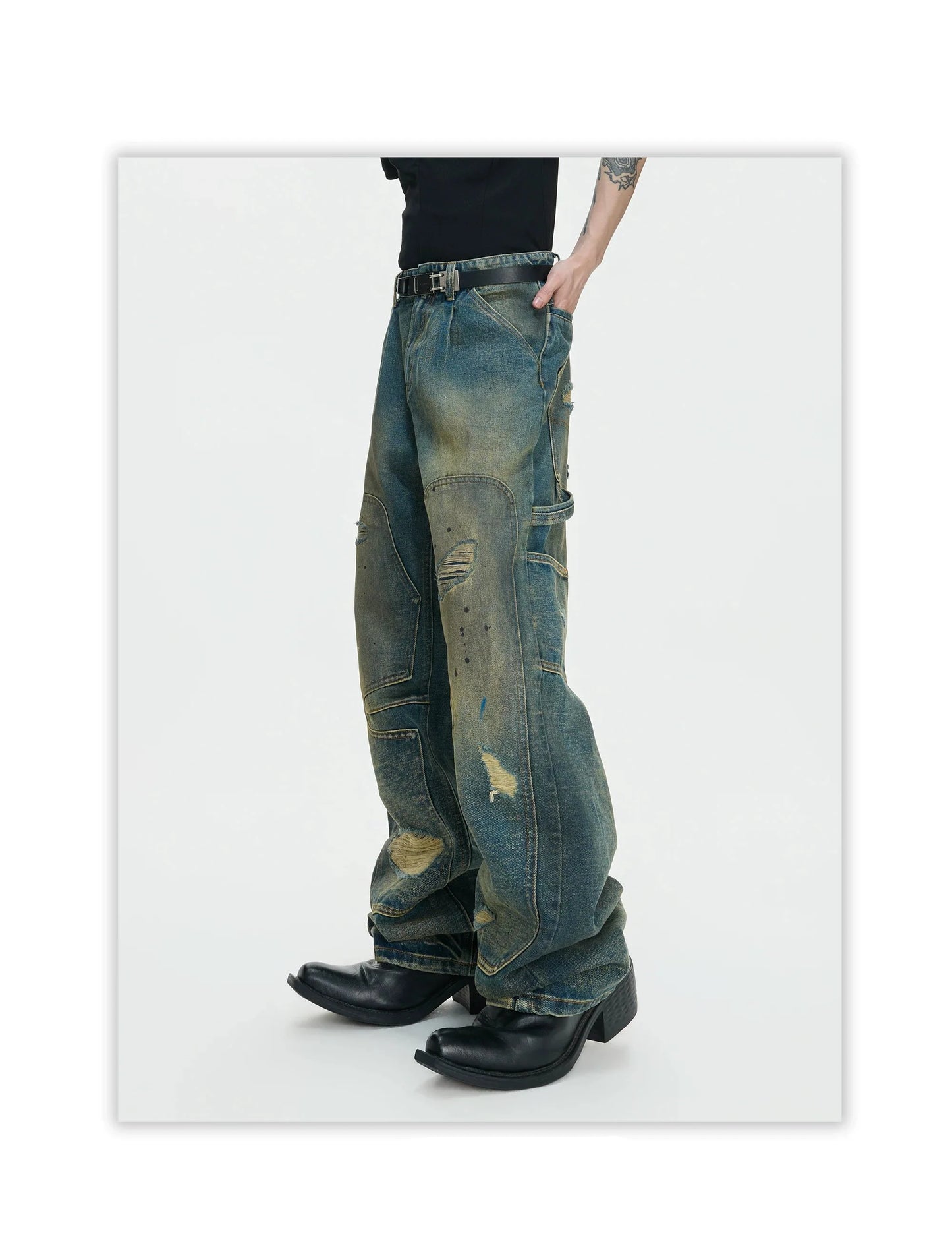 Distressed Panel Wide Leg Cargo Jeans