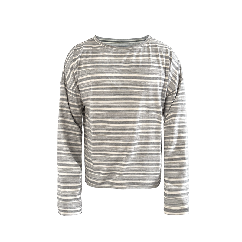 Soft Grey Horizontal-Stripe Relaxed Long-Sleeve Tee