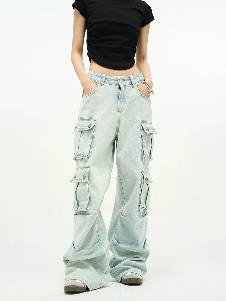 Light Wash Baggy Cargo Jeans with Multiple Flap Pockets