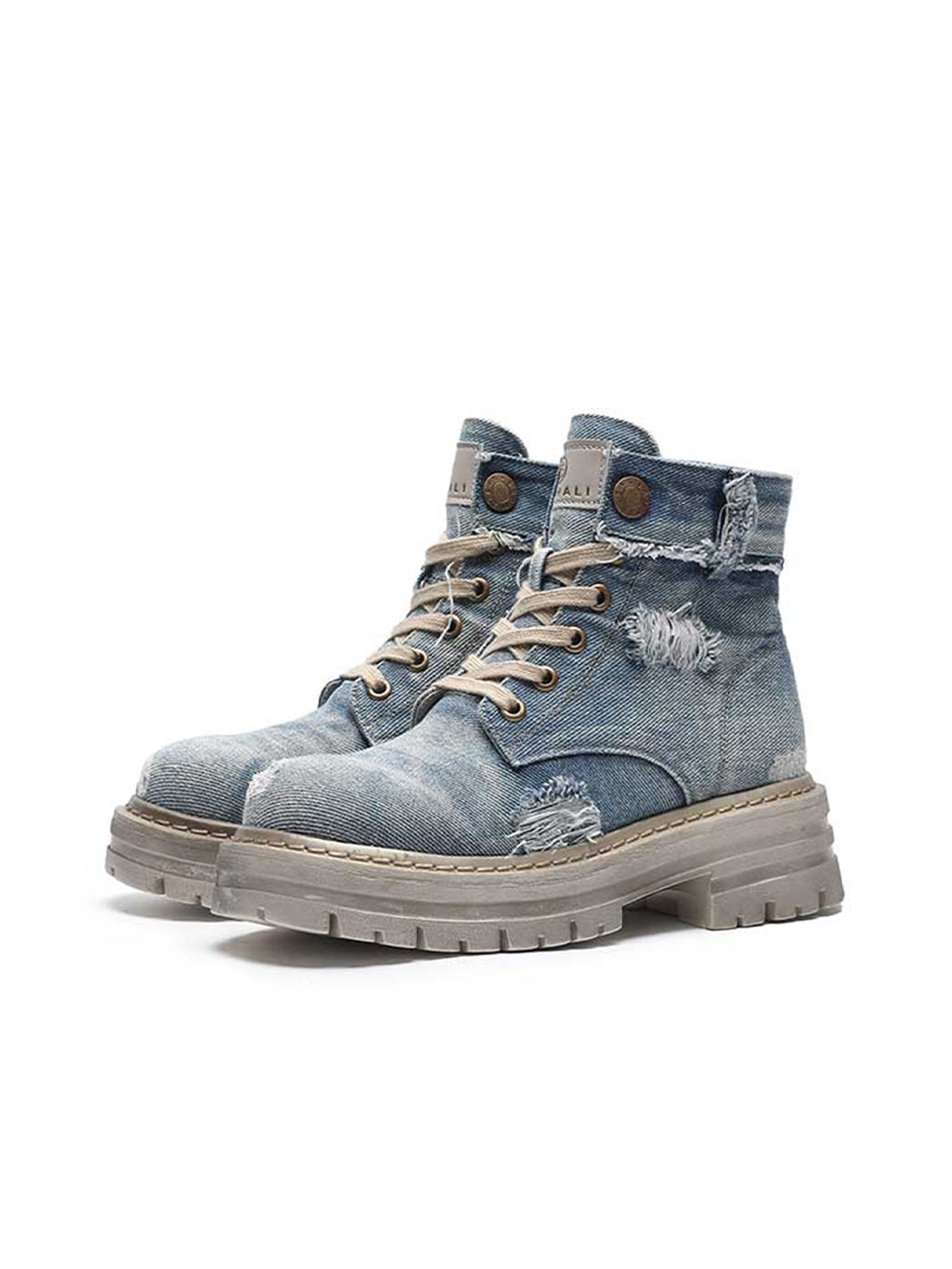 Denim Ripped Platform Boots with Ribbons - Skipkicks
