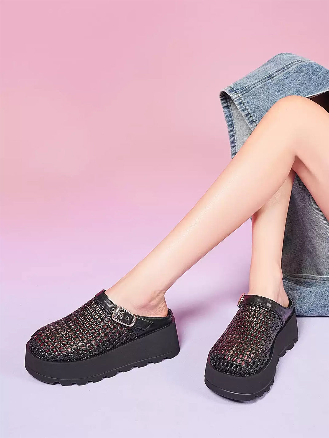 Woven Cut Out Platform Mules-Black - Skipkicks