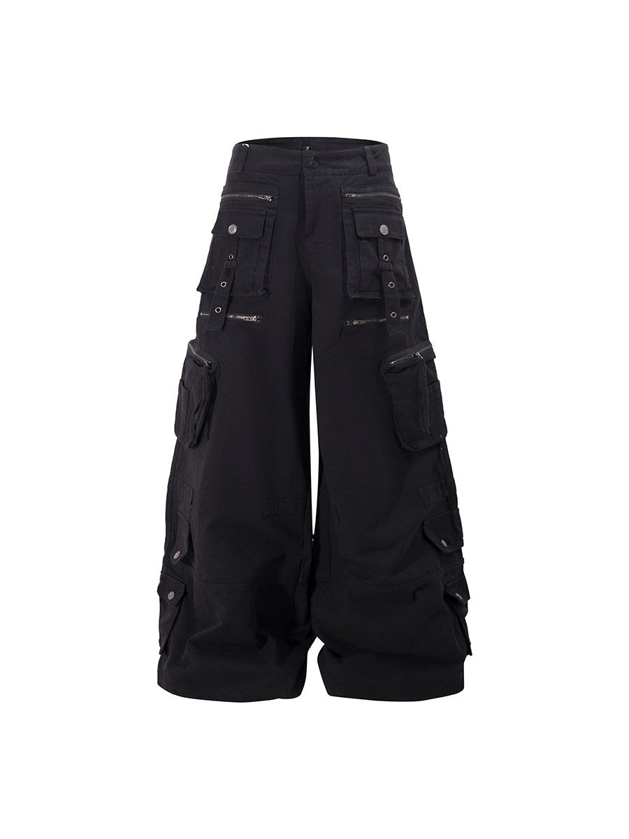 Men's Washed Multi-Pocket Wide-Leg Cargo Pants