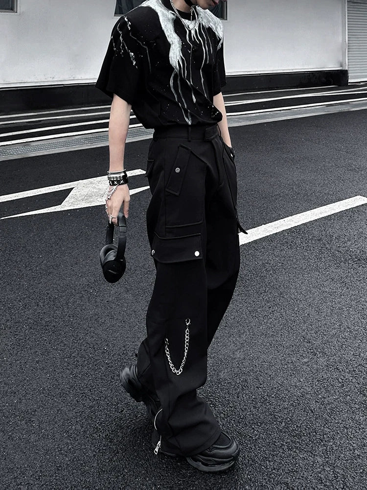 Black Techwear Cargo Pants with Chain