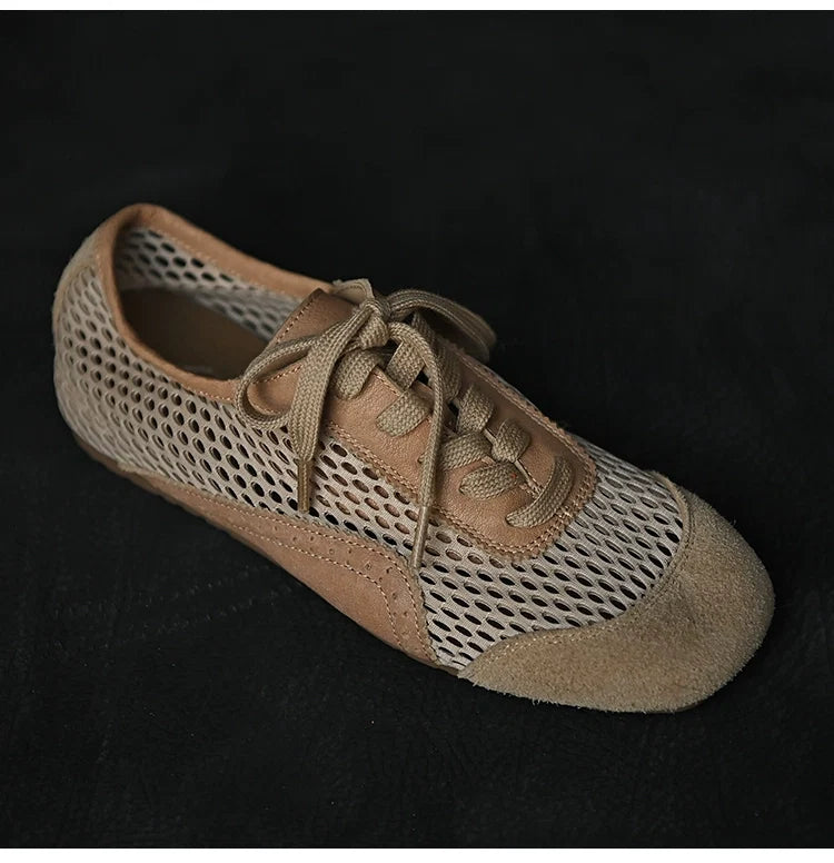 Beige Mesh Suede Lace-Up Sneakers - Skipkicks