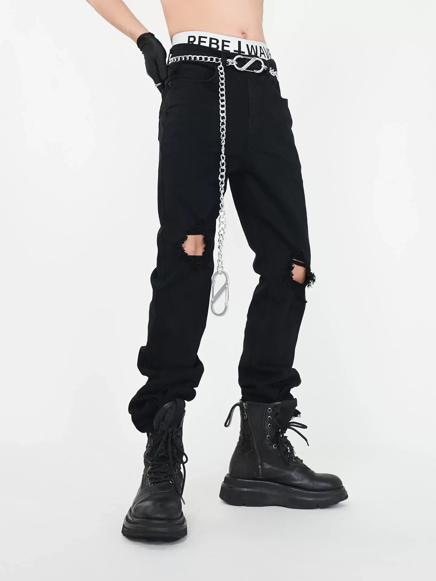 Rebel Wave Chain-Detail Ripped Cargo Jeans