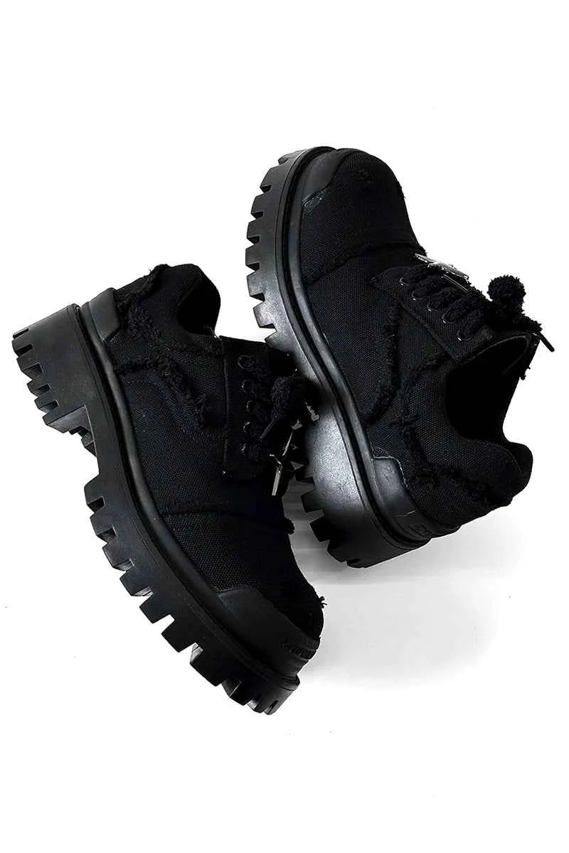 Chunky Black Canvas Platform Sneakers with Rugged Soles