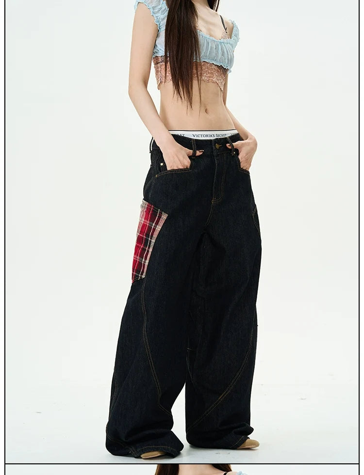 Plaid-Patch Wide-Leg Denim Cargo Pants