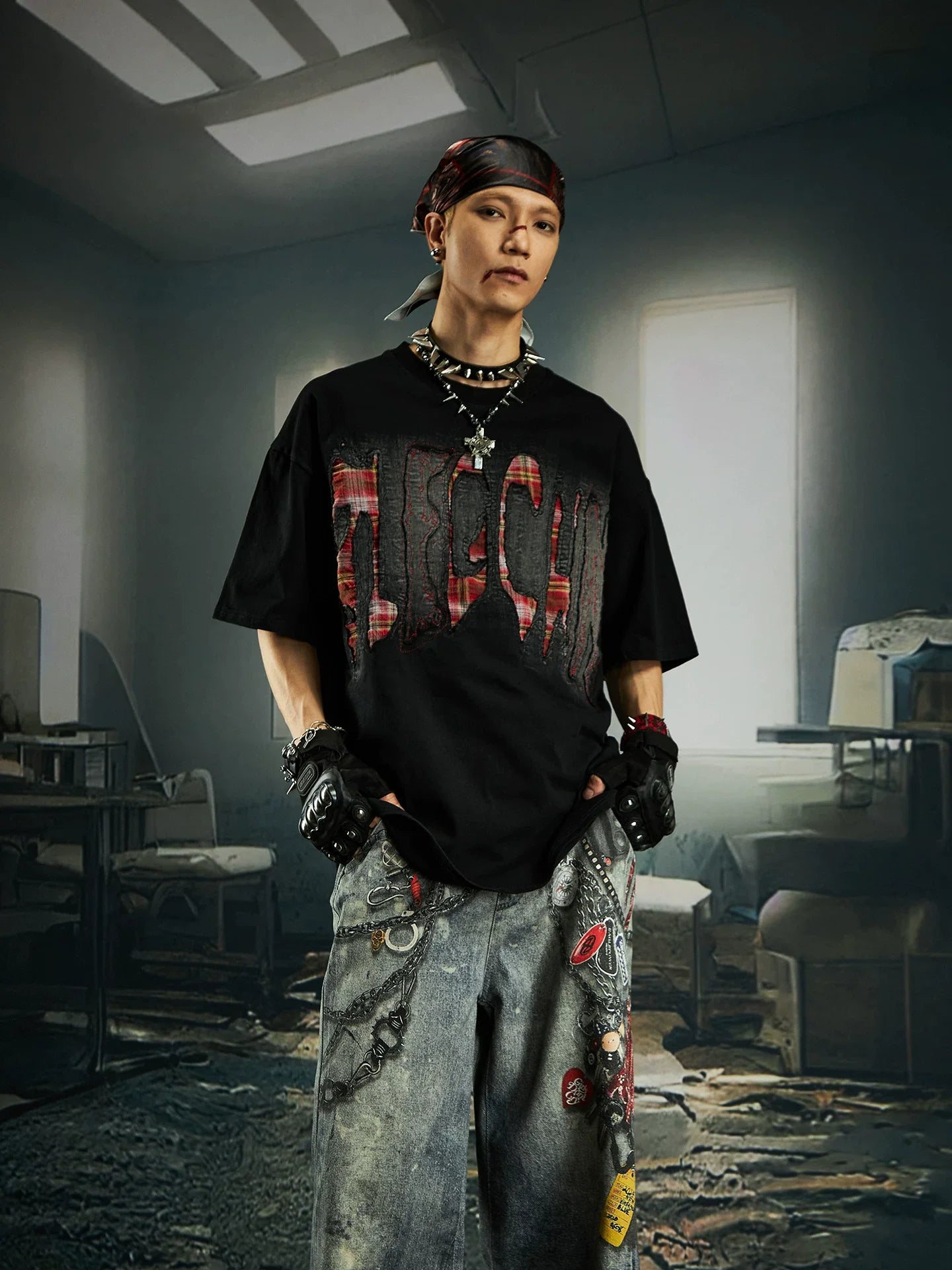 Bleached Shred Plaid Slash Tee