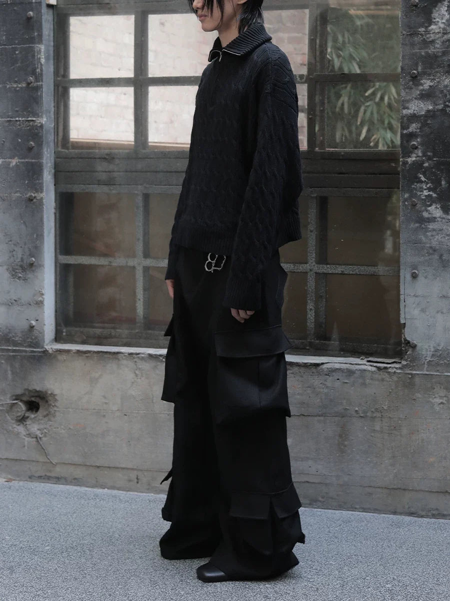 Black Wide-Leg Multi-Pocket Cargo Trousers