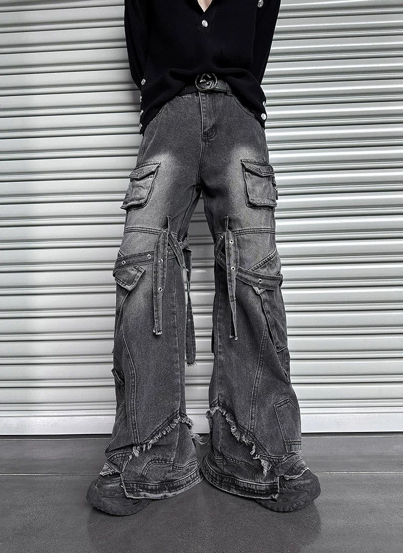 Grayscale Ruin Strapped-Cargo Flares – Industrial Style Redefined