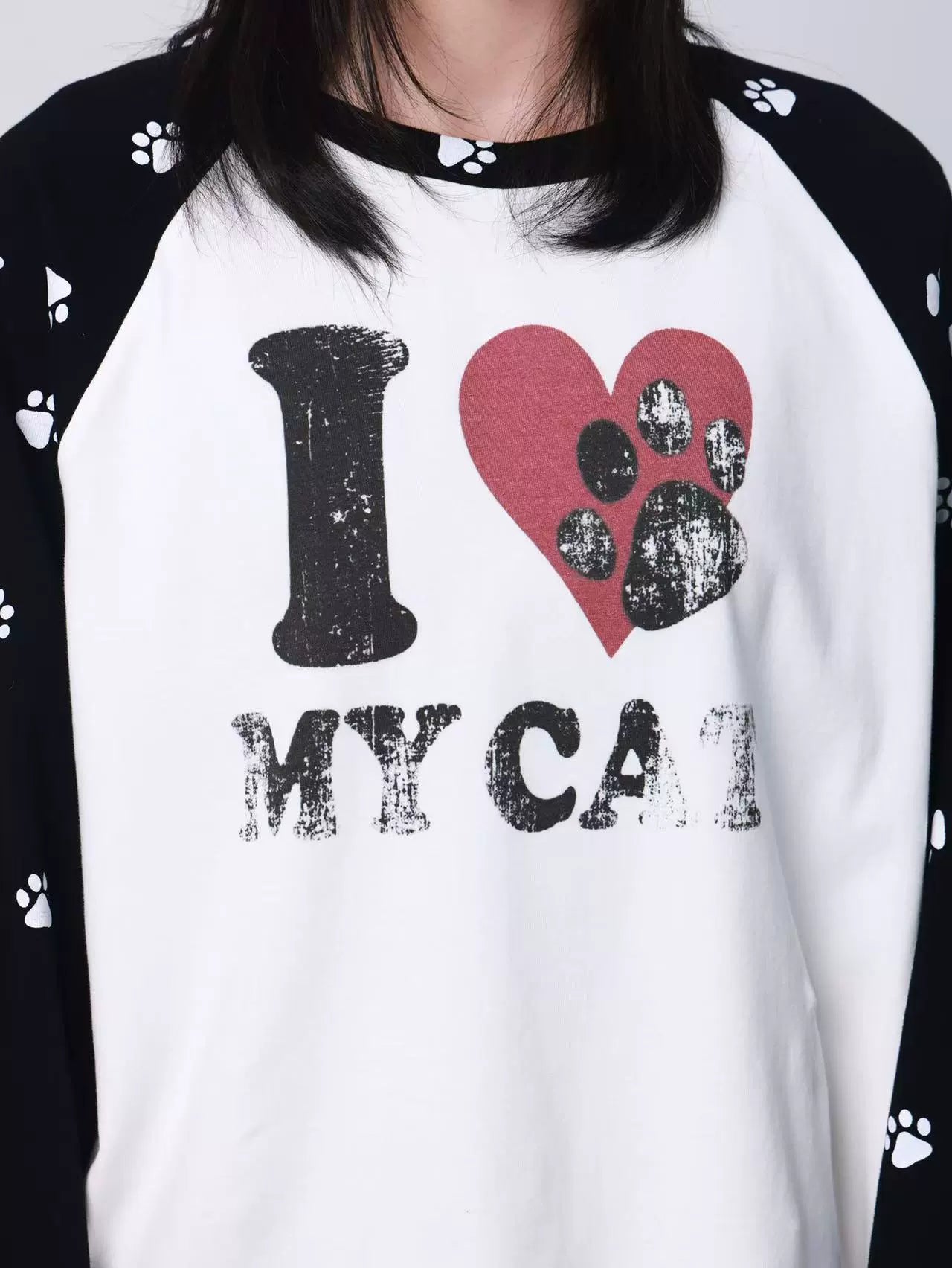 Pawprint Heart Cat Raglan Long-Sleeve Tee