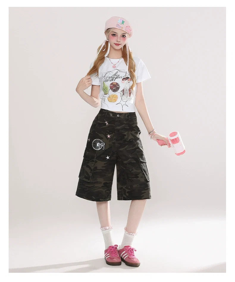 Camo Print Cargo Culottes with Star and Bow Patches
