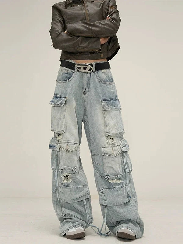 Edgy Wide-Leg Distressed Cargo Jeans