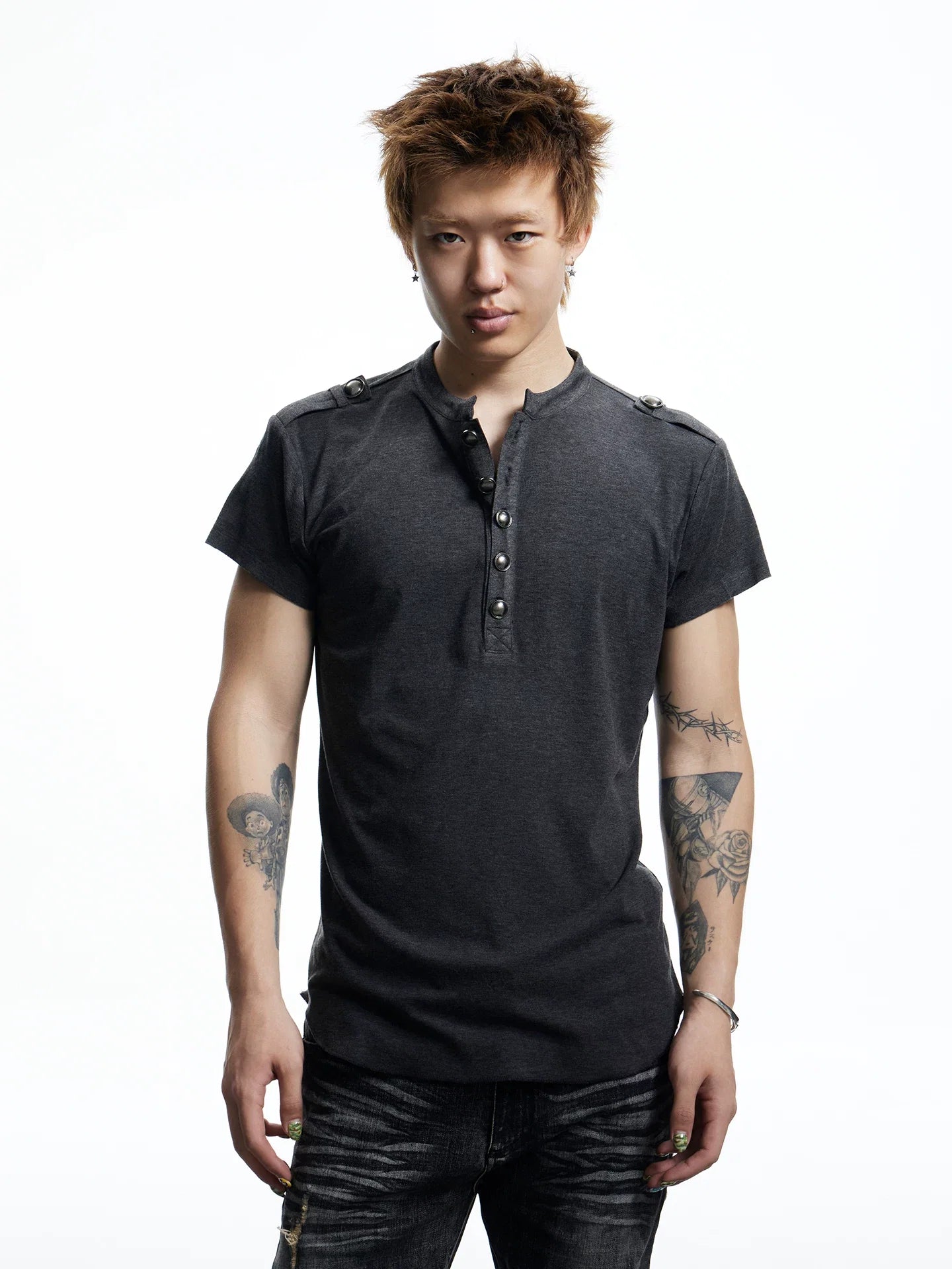 Button Placket Shoulder Tab T-Shirt