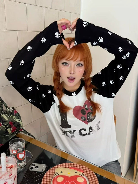 Pawprint Heart Cat Raglan Long-Sleeve Tee