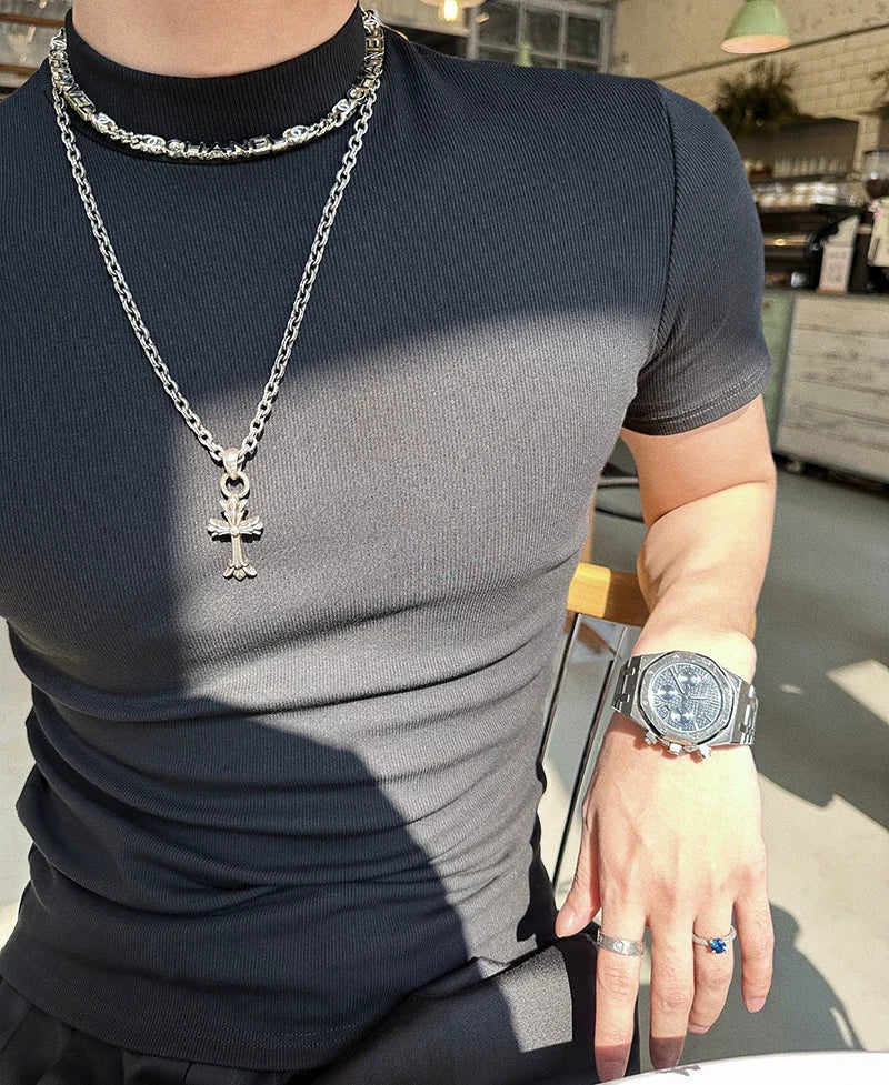 Fitted Mock-Neck Short-Sleeve Tee