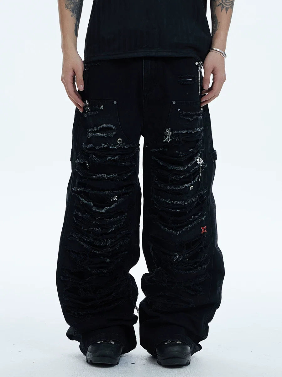 Distressed Rhinestone Wide Leg Cargo Jeans