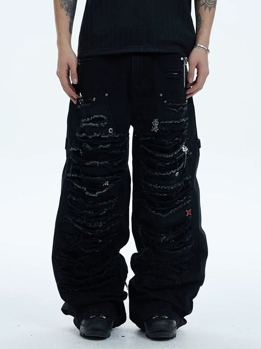 Distressed Rhinestone Wide Leg Cargo Jeans