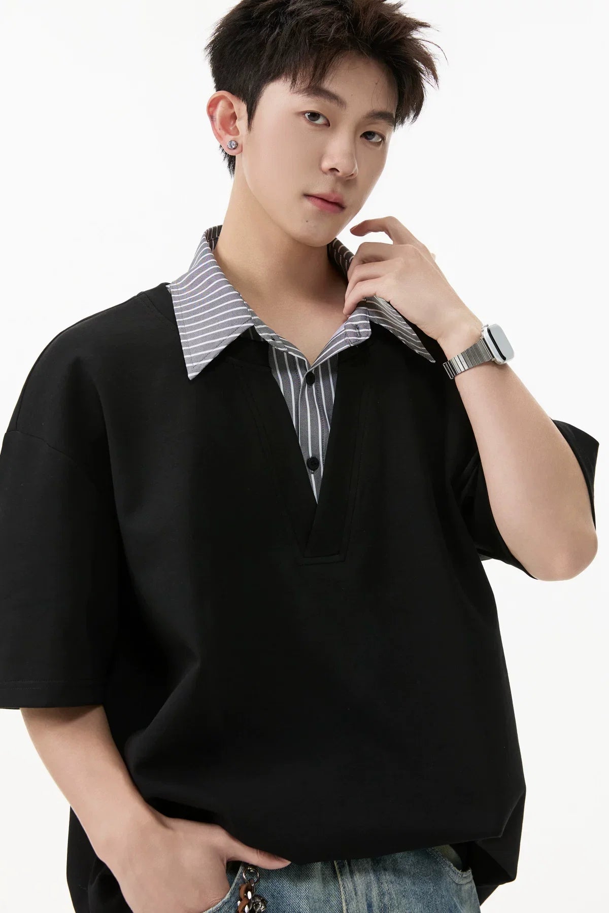 Layered V-Placket Polo Tee