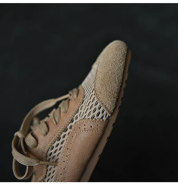Beige Mesh Suede Lace-Up Sneakers - Skipkicks