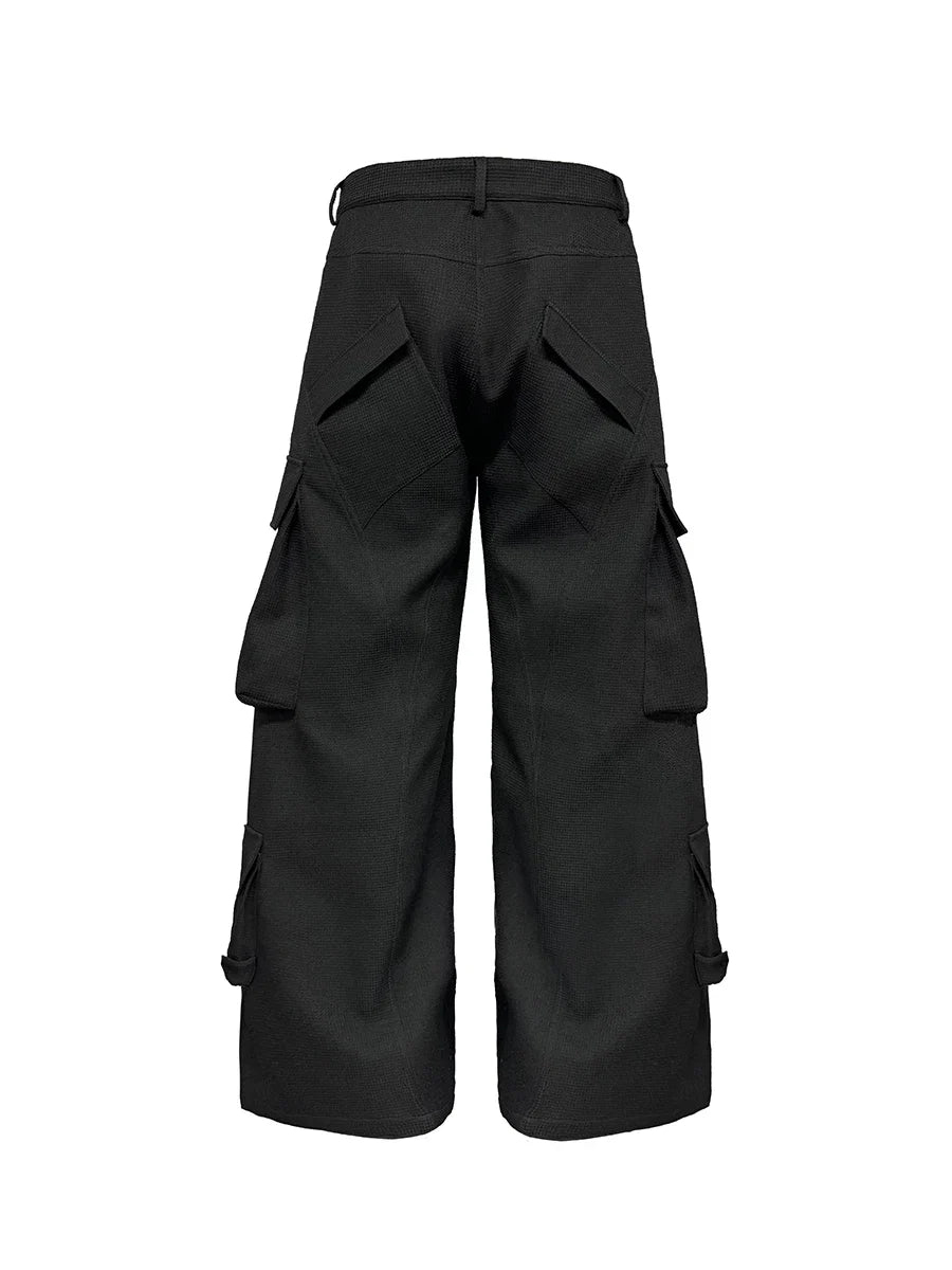 Black Wide-Leg Multi-Pocket Cargo Trousers