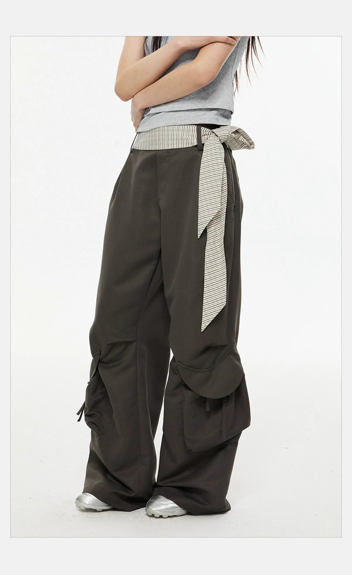 Wide-Leg Dark Cargo Pants with Striped Sash Belt