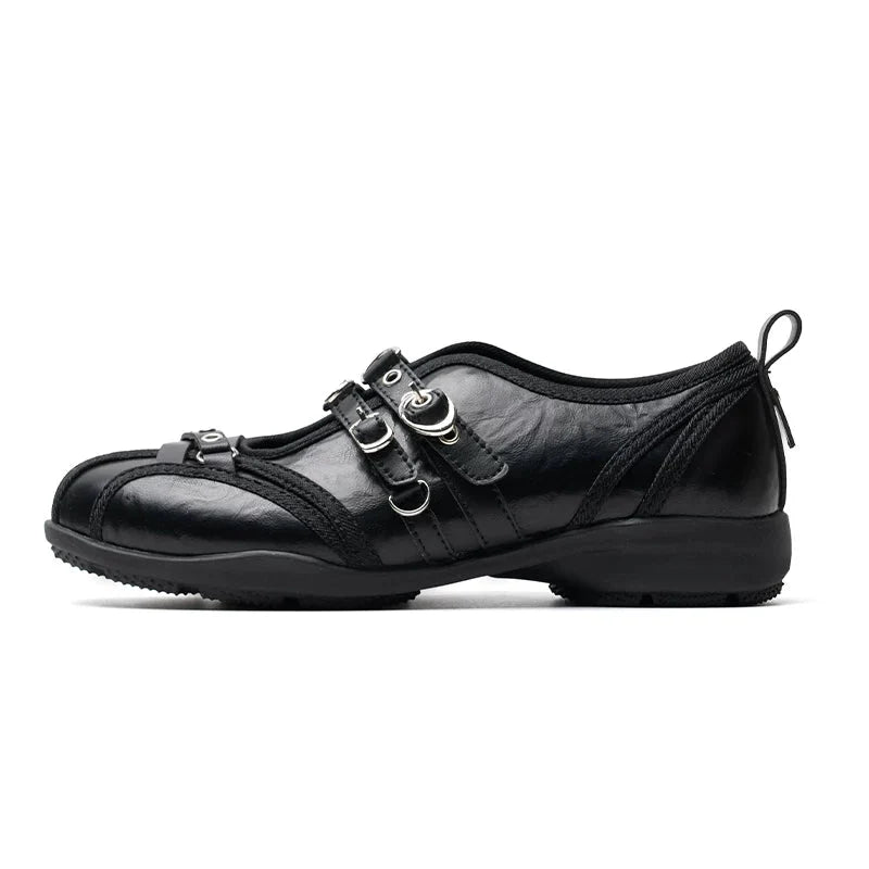 Noir Rivet Harness Flats - Skipkicks