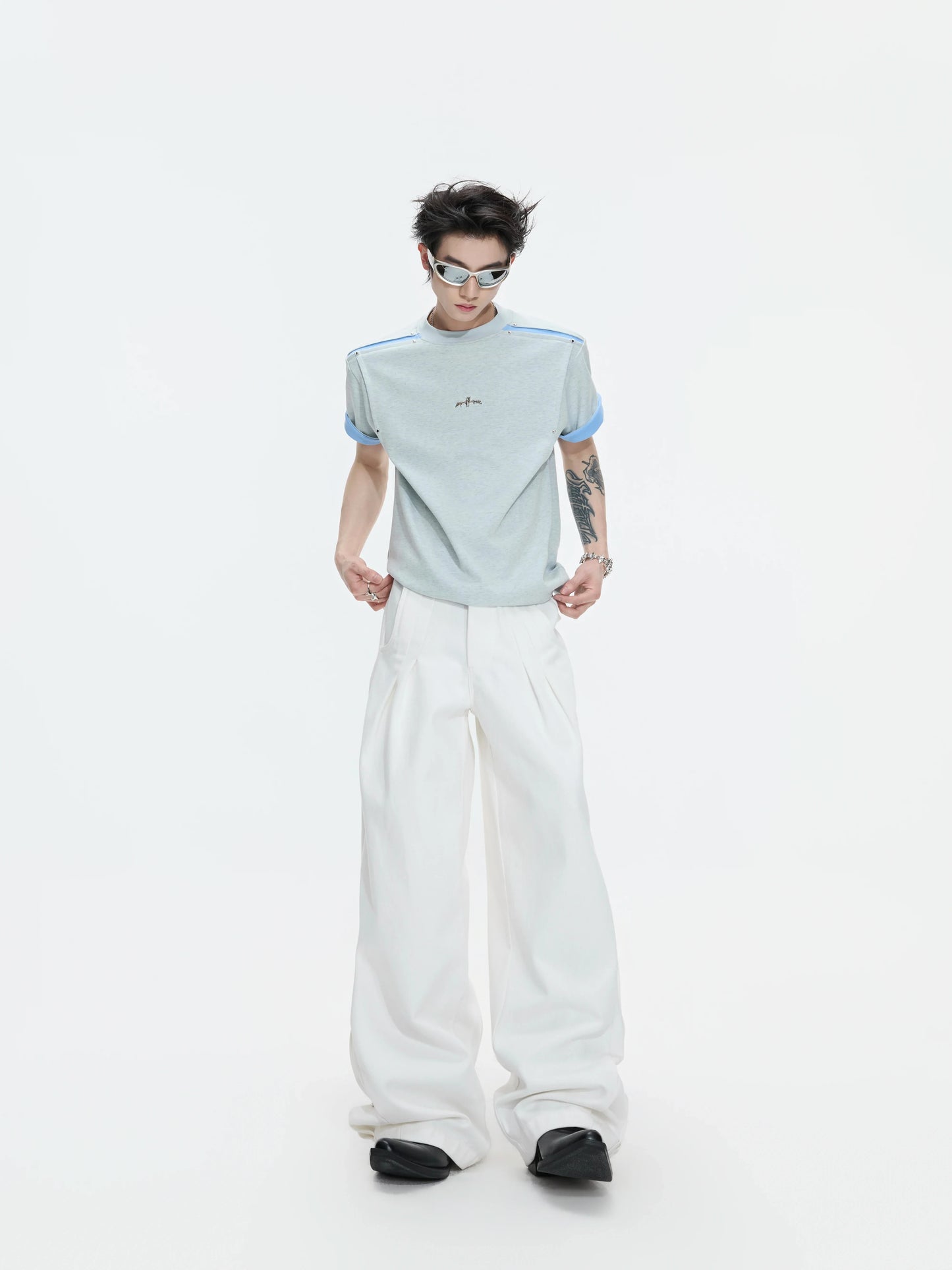 Contrast Trim Studded Shoulder T-Shirt