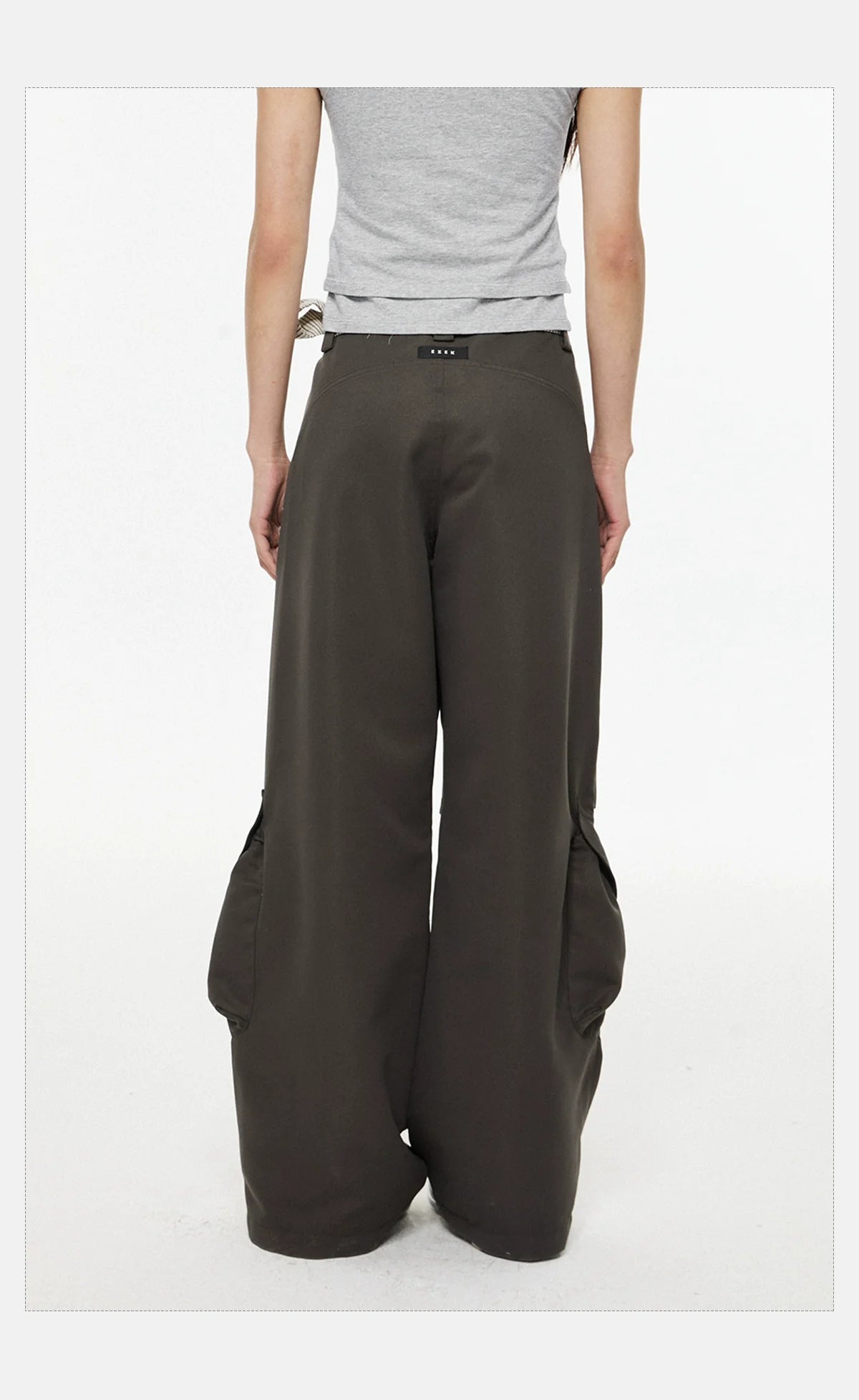 Wide-Leg Dark Cargo Pants with Striped Sash Belt