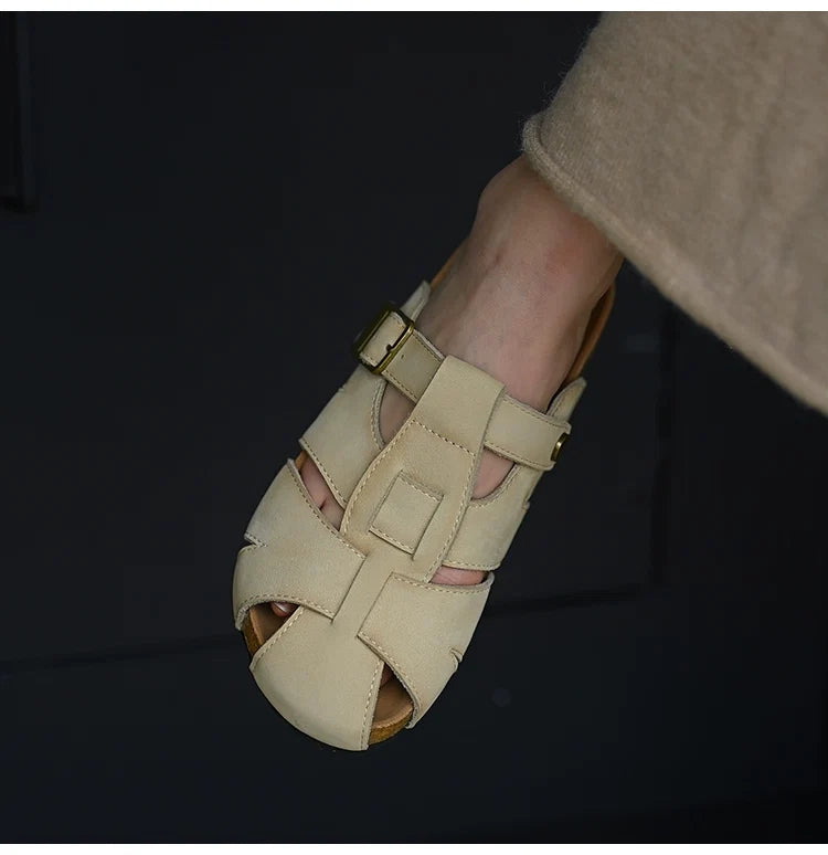 Beige Leather Buckle Strap Sandals