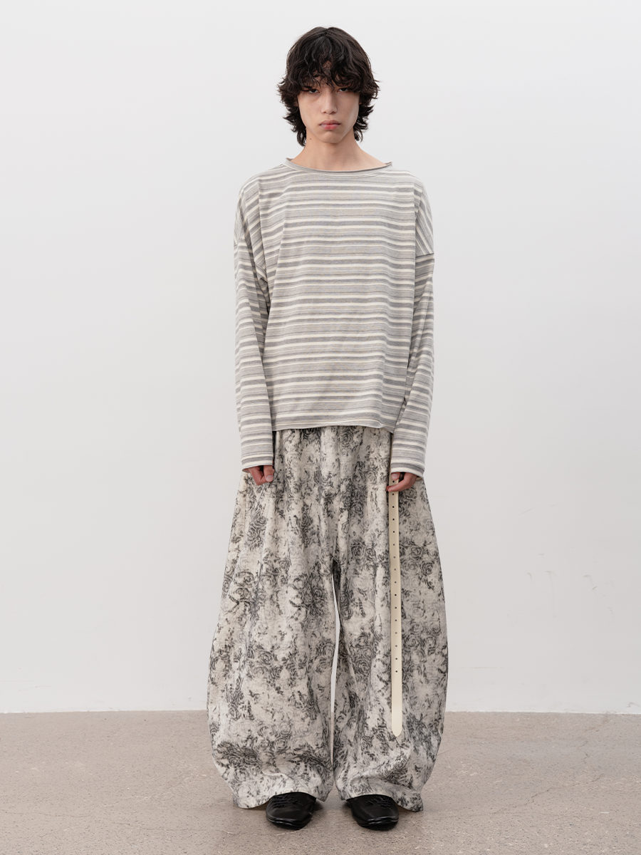 Soft Grey Horizontal-Stripe Relaxed Long-Sleeve Tee