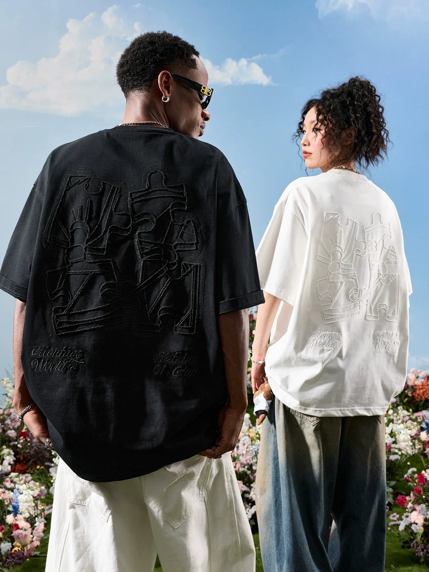 Oversized Embroidered Puzzle Graphic T-Shirt