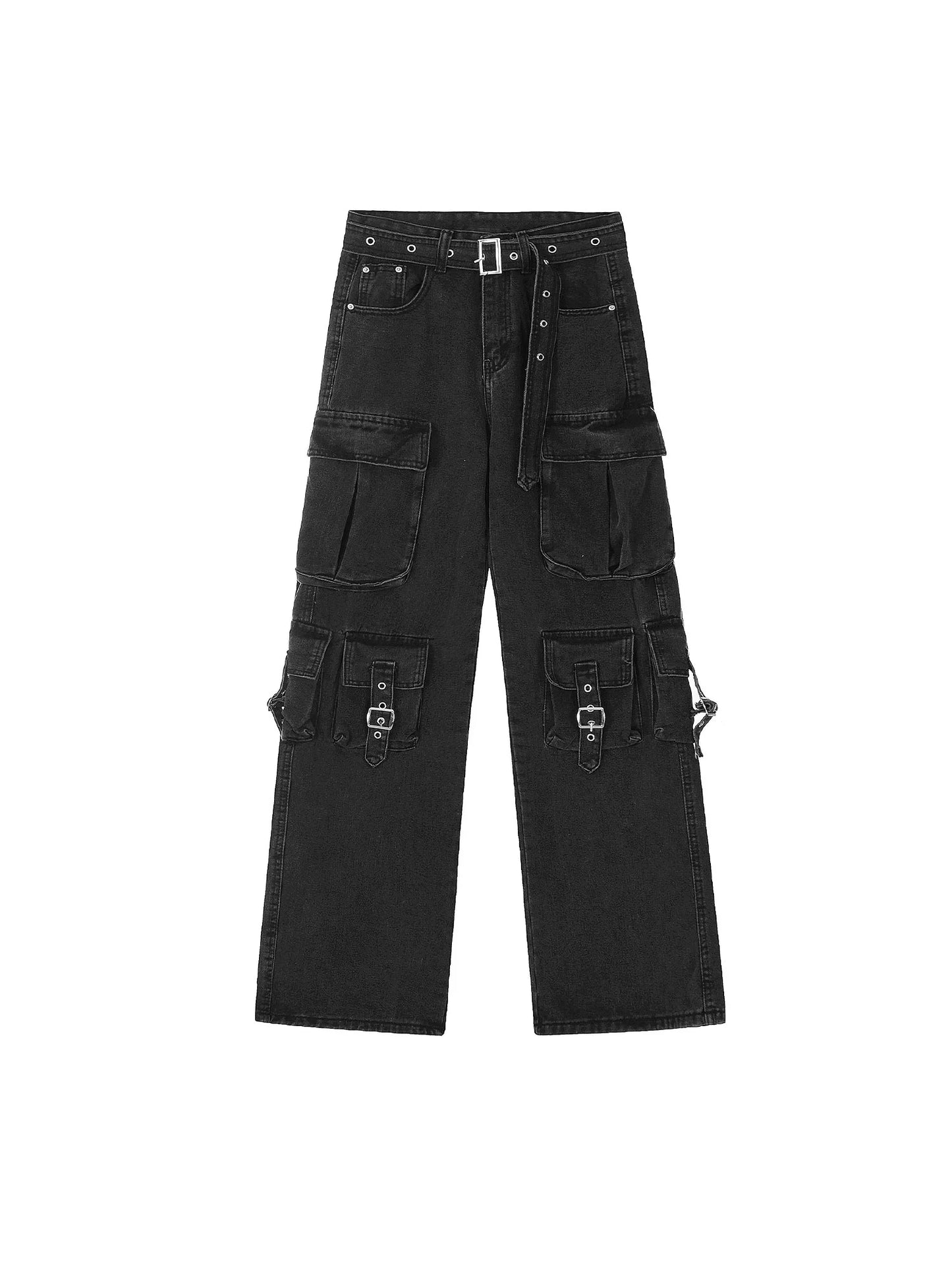 Washed Multi-Pocket Wide-Leg Cargo Jeans