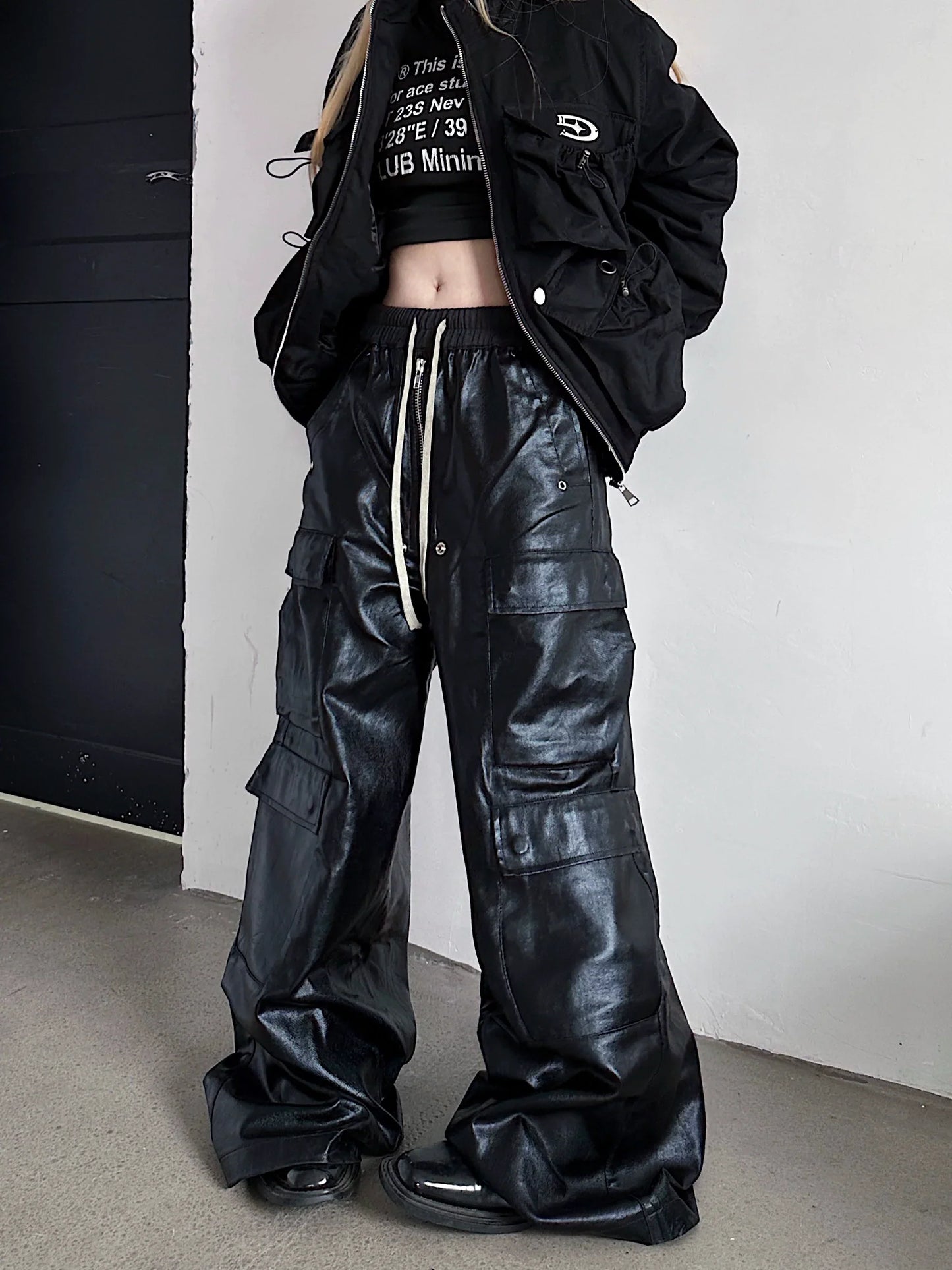 Men's Glossy Coated PU Wide-Leg Cargo Pants
