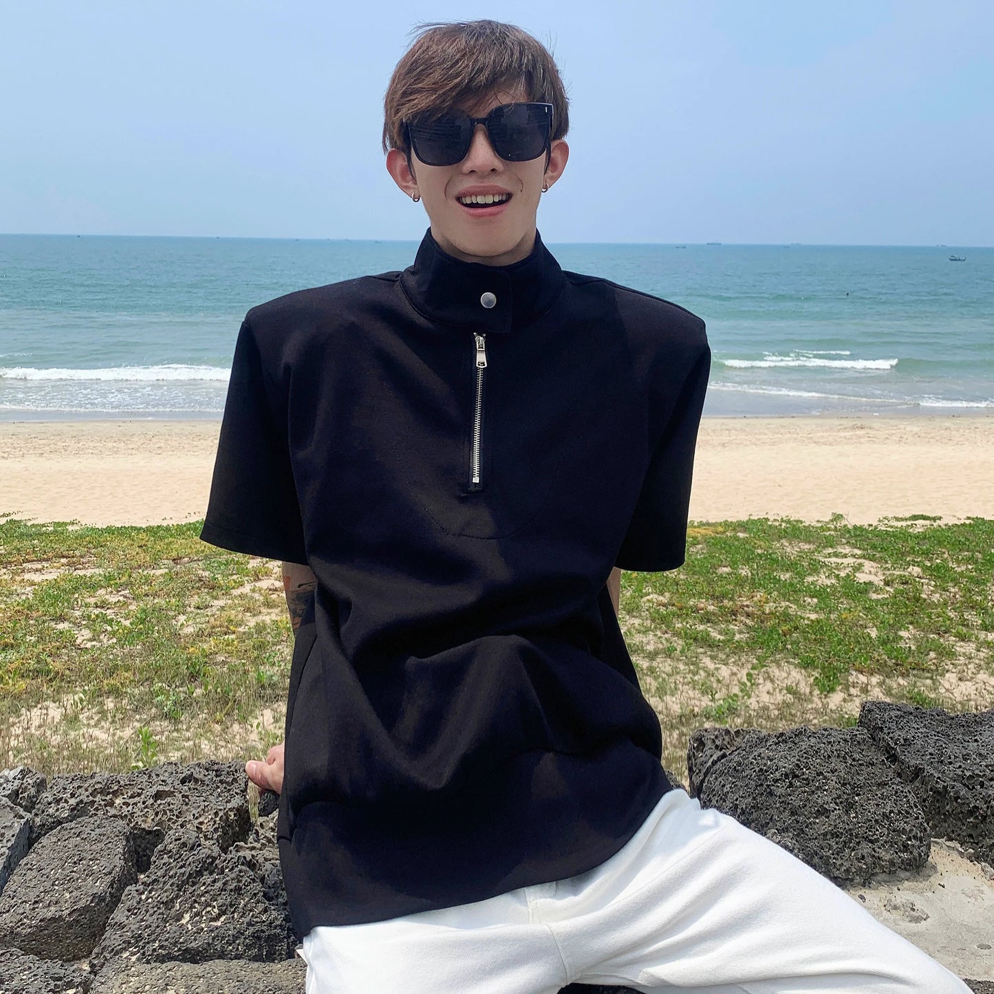 Half-Zip Stand Collar Shirt