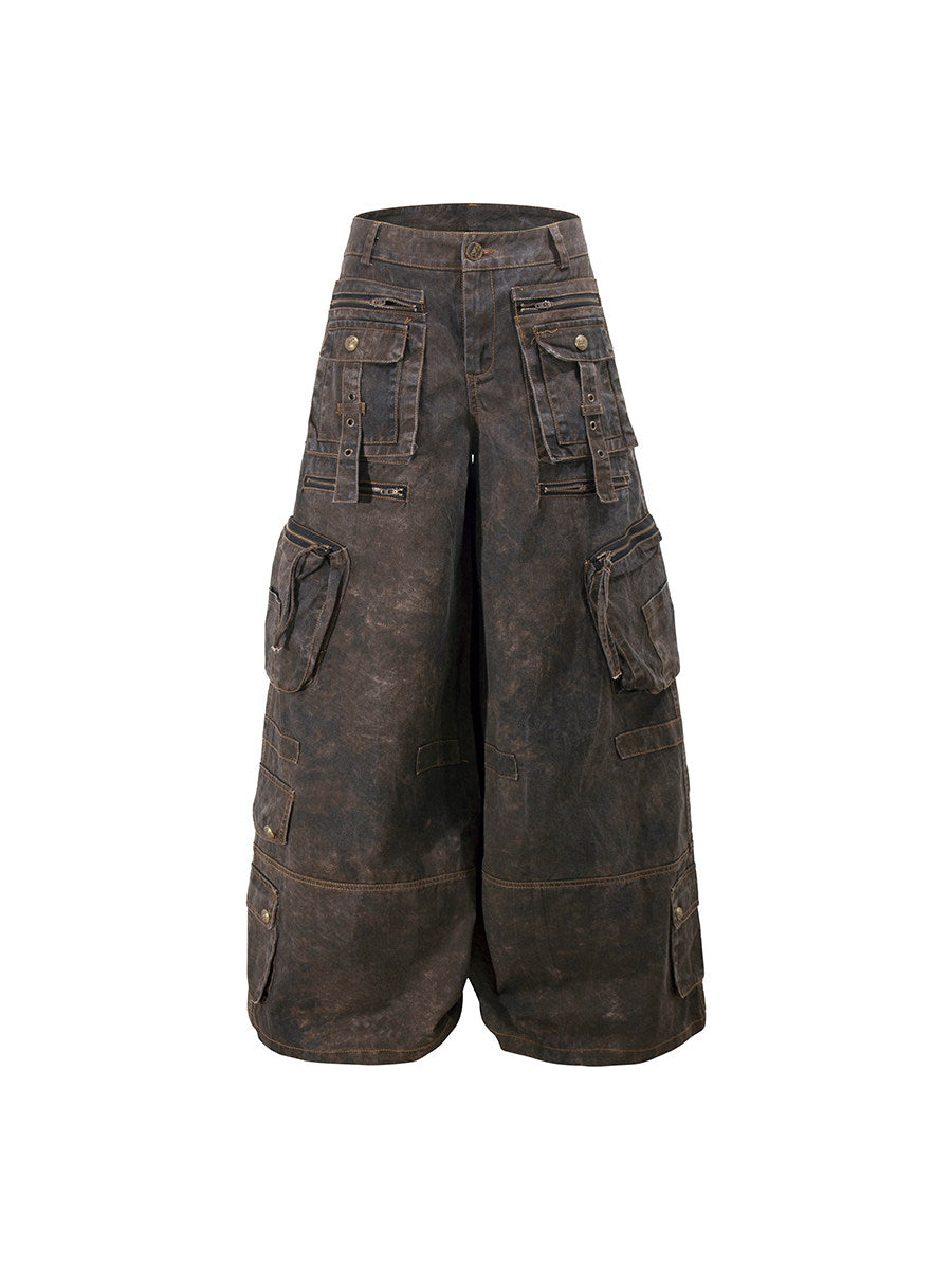 Men's Washed Multi-Pocket Wide-Leg Cargo Pants